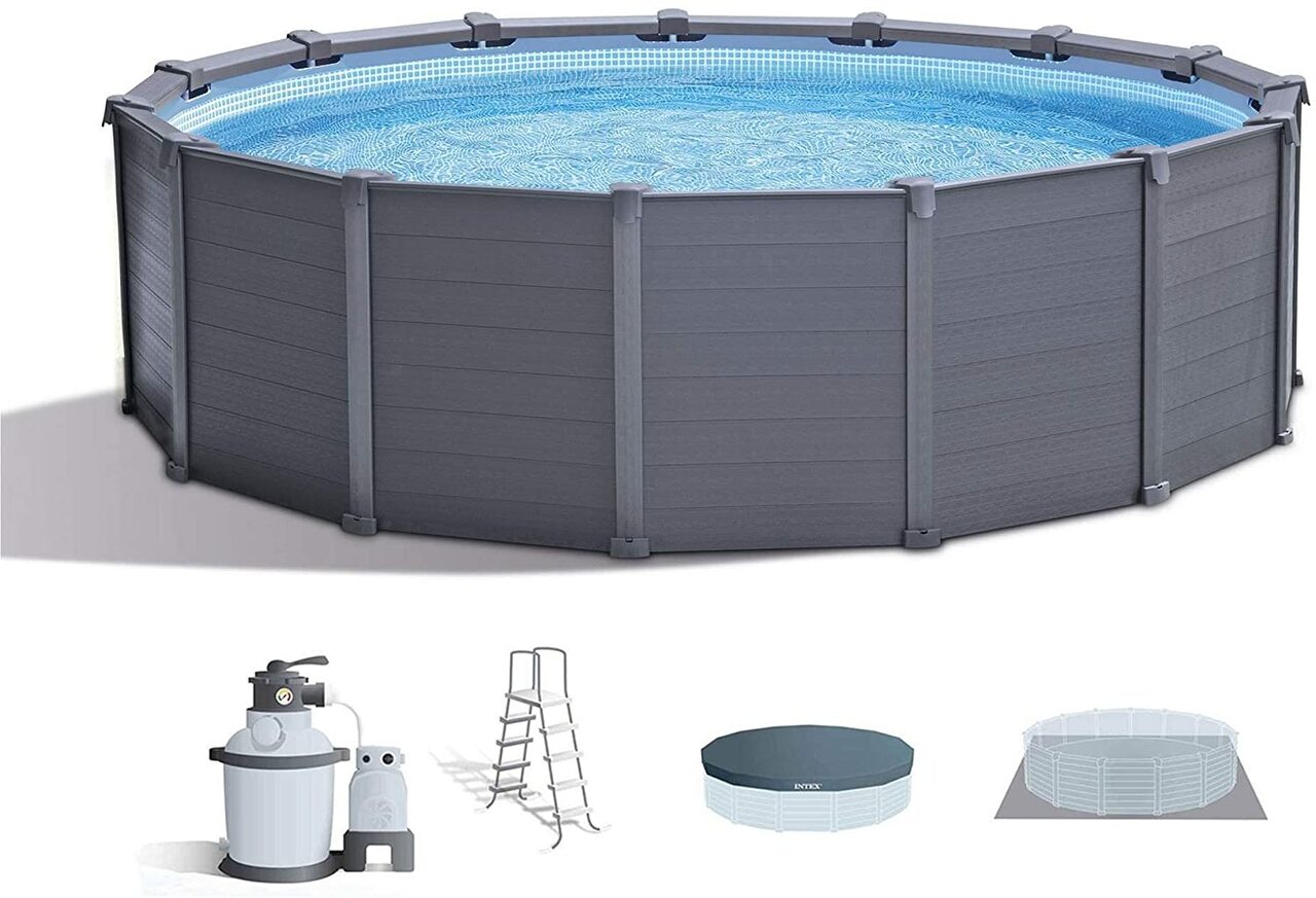 Above-ground pool set includes Krystal Clear sand filter pump, removable ladder, debris cover, and ground cloth;