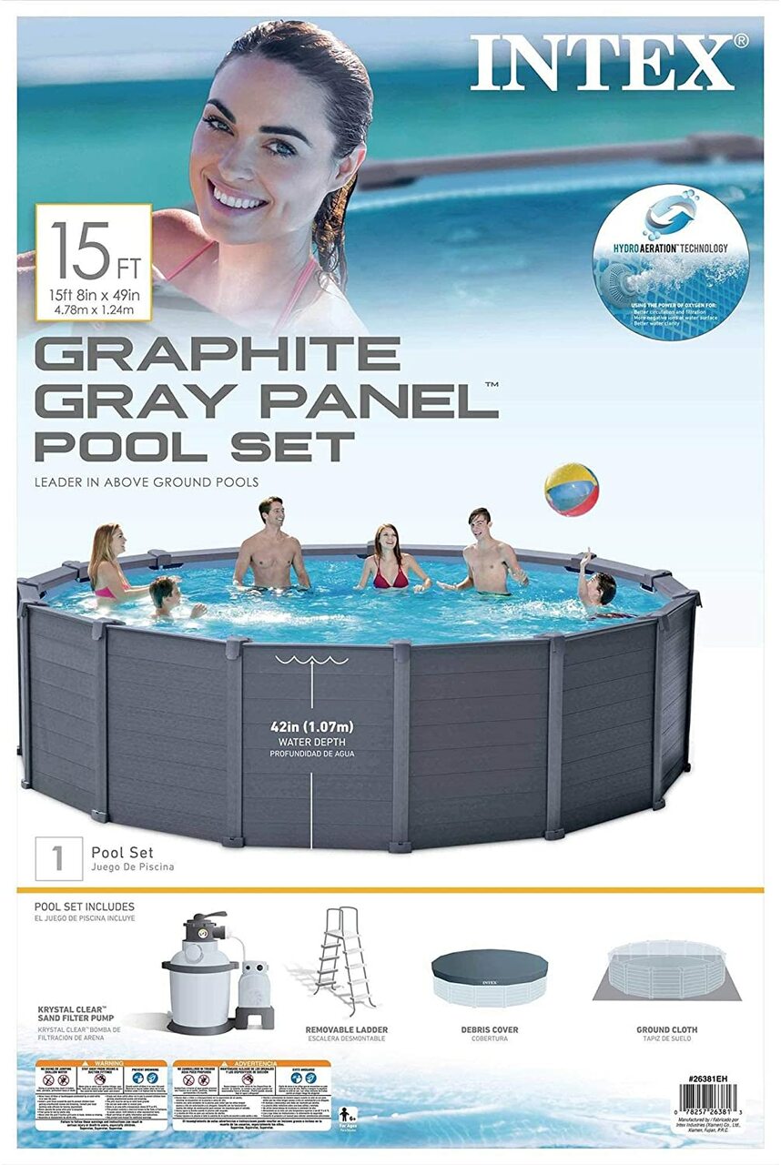 Above-ground pool set includes Krystal Clear sand filter pump, removable ladder, debris cover, and ground cloth;